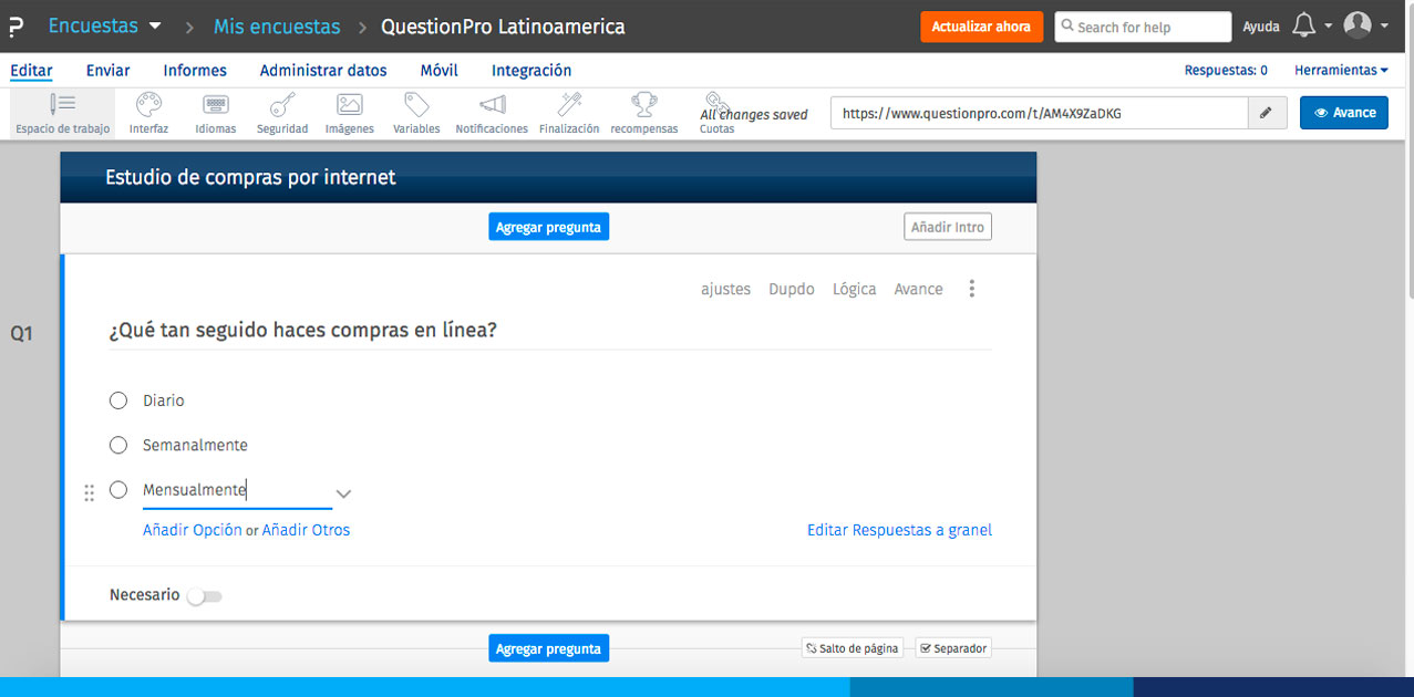 edición de pregunta de encuesta online