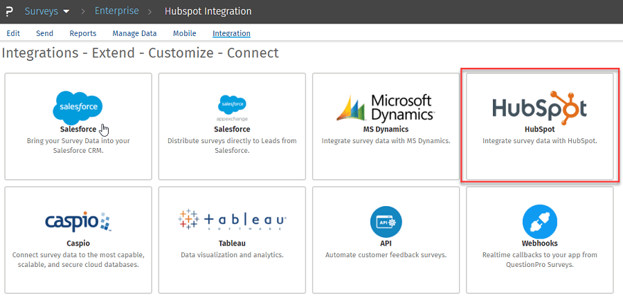 HubSpot under the Integrations tab