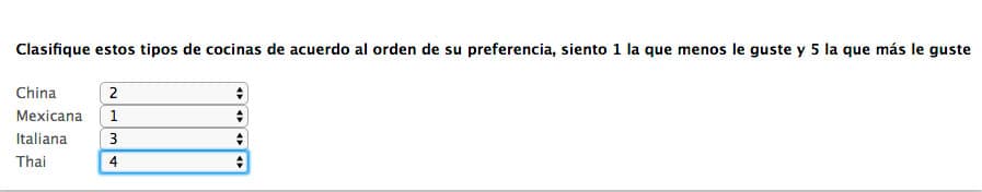 Tipo de pregunta de orden de rangos