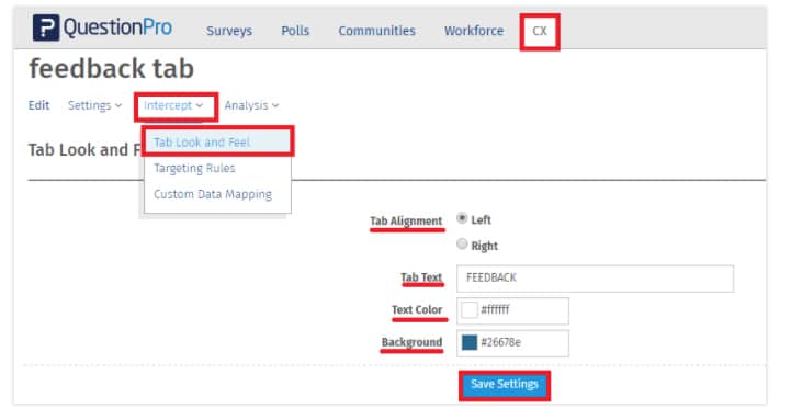 personaliza la pestaña de retroalimentación CX