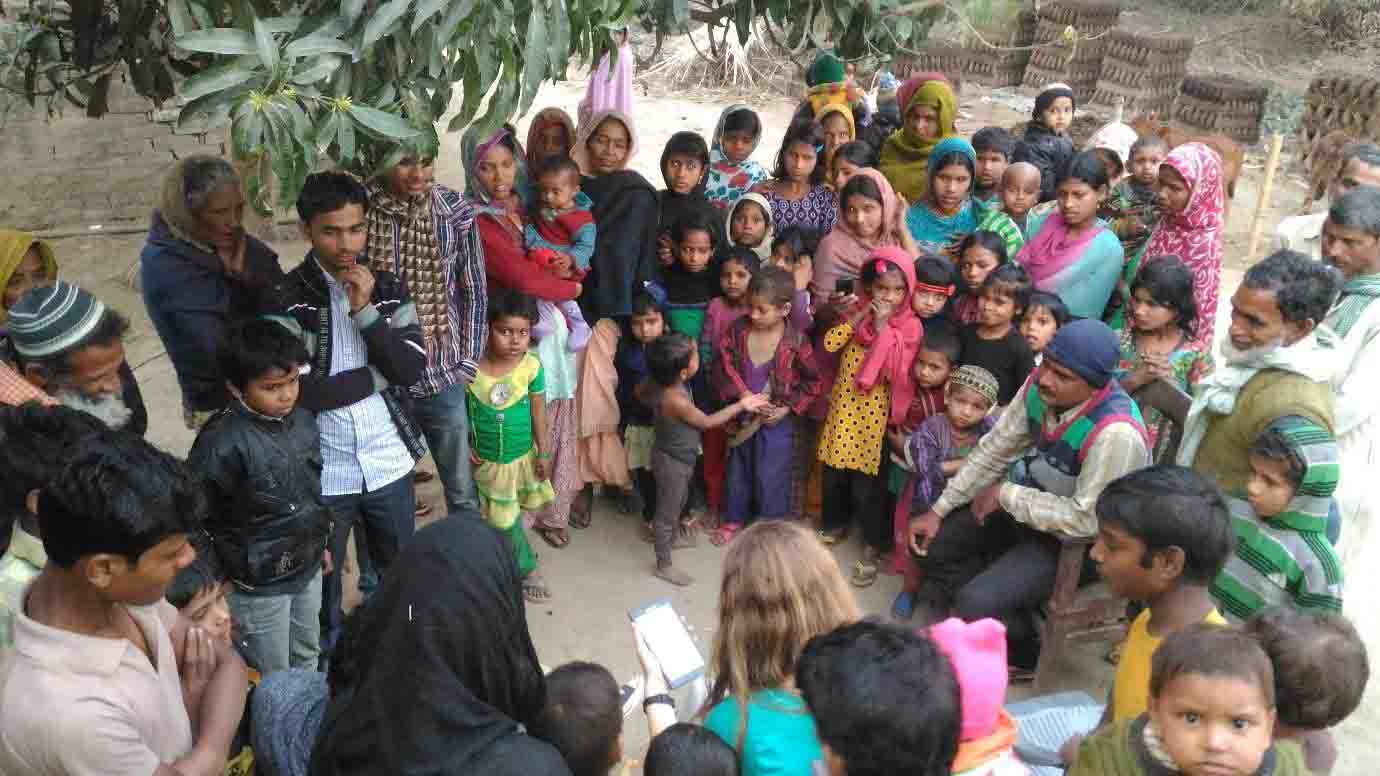 Illustration 5: Data samples normally consist of 50 households. Translators don’t understand why we want to ask exactly the same questions again and again. In this picture, Clementine Chambon, CEO and Co-founder of Oorja, conducts a community interview with the help of a local translator.  