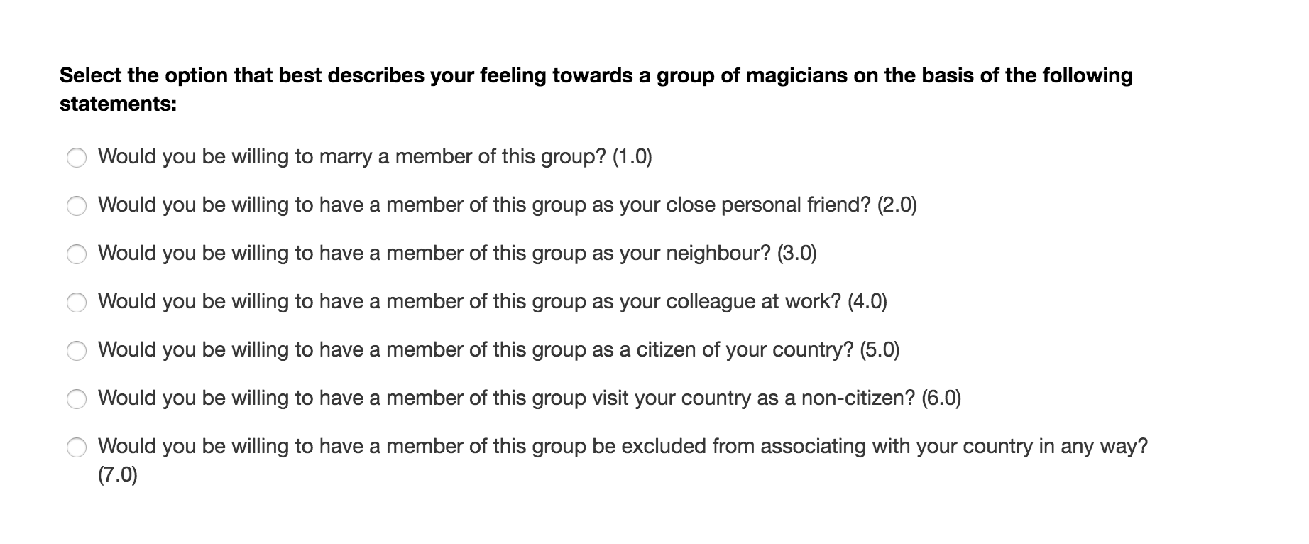 Bogardus Social Distance Scale Question