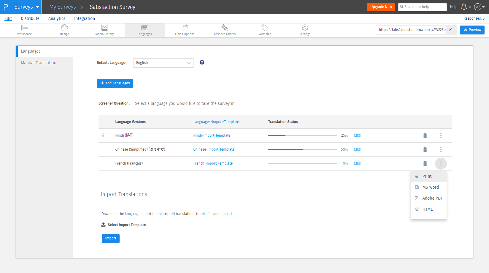 Add Languages in Survey QuestionPro