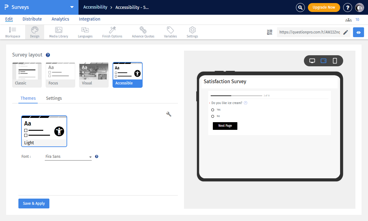 Accessible layout selection within the design tab