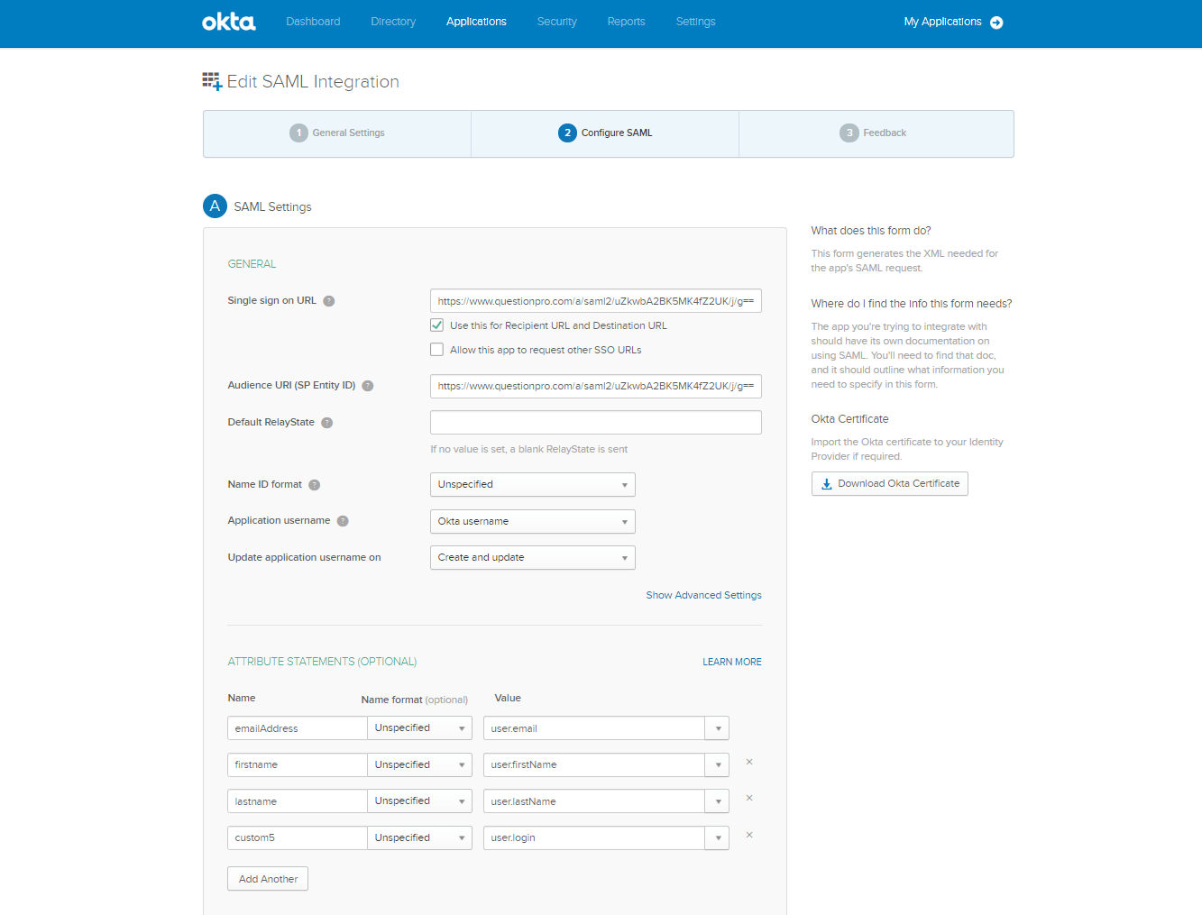 Okta attribute statements