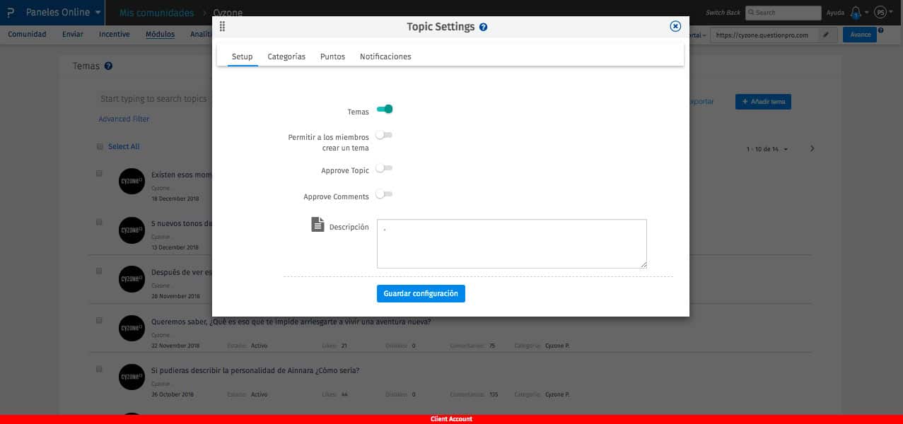 configuración de temas comunidad online