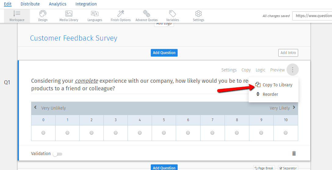 copy to library of online survey creator
