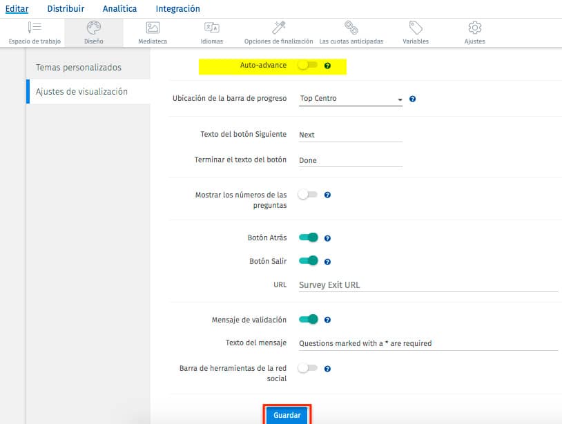 función de Avance Automático para crear cuestionarios autoadministrados