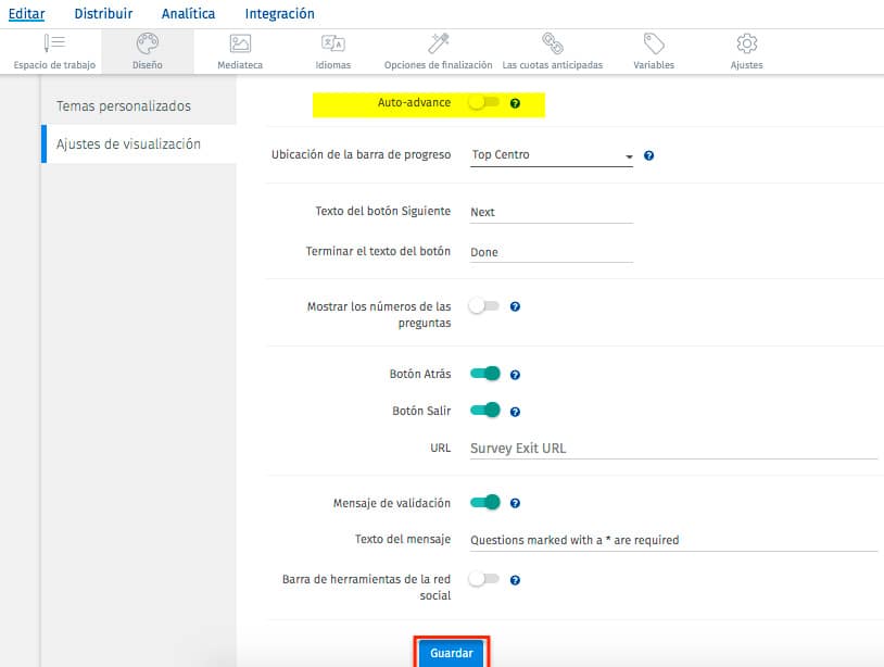 función de Avance Automático para crear cuestionarios autoadministrados