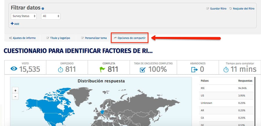 opciones para compartir un dashboard de encuestas