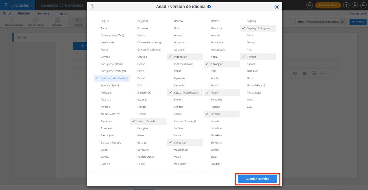  Aparece una ventana emergente Selecciona los idiomas para la auto-traducción de la encuesta Haz clic en “Guardar cambios'.