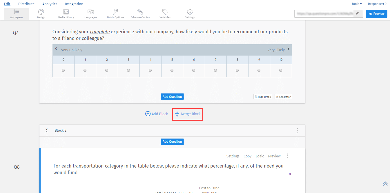 Merge two survey blocks