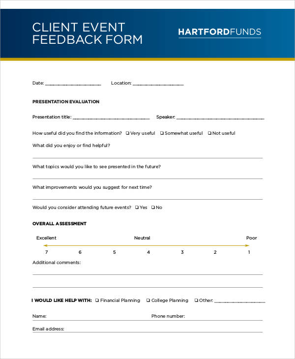 Hartford Funds client event feedback form