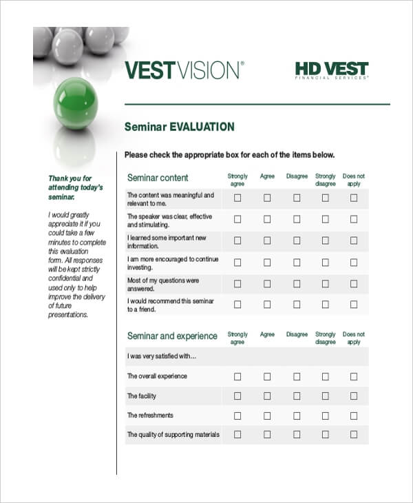 VestVision financial seminar evaluation form