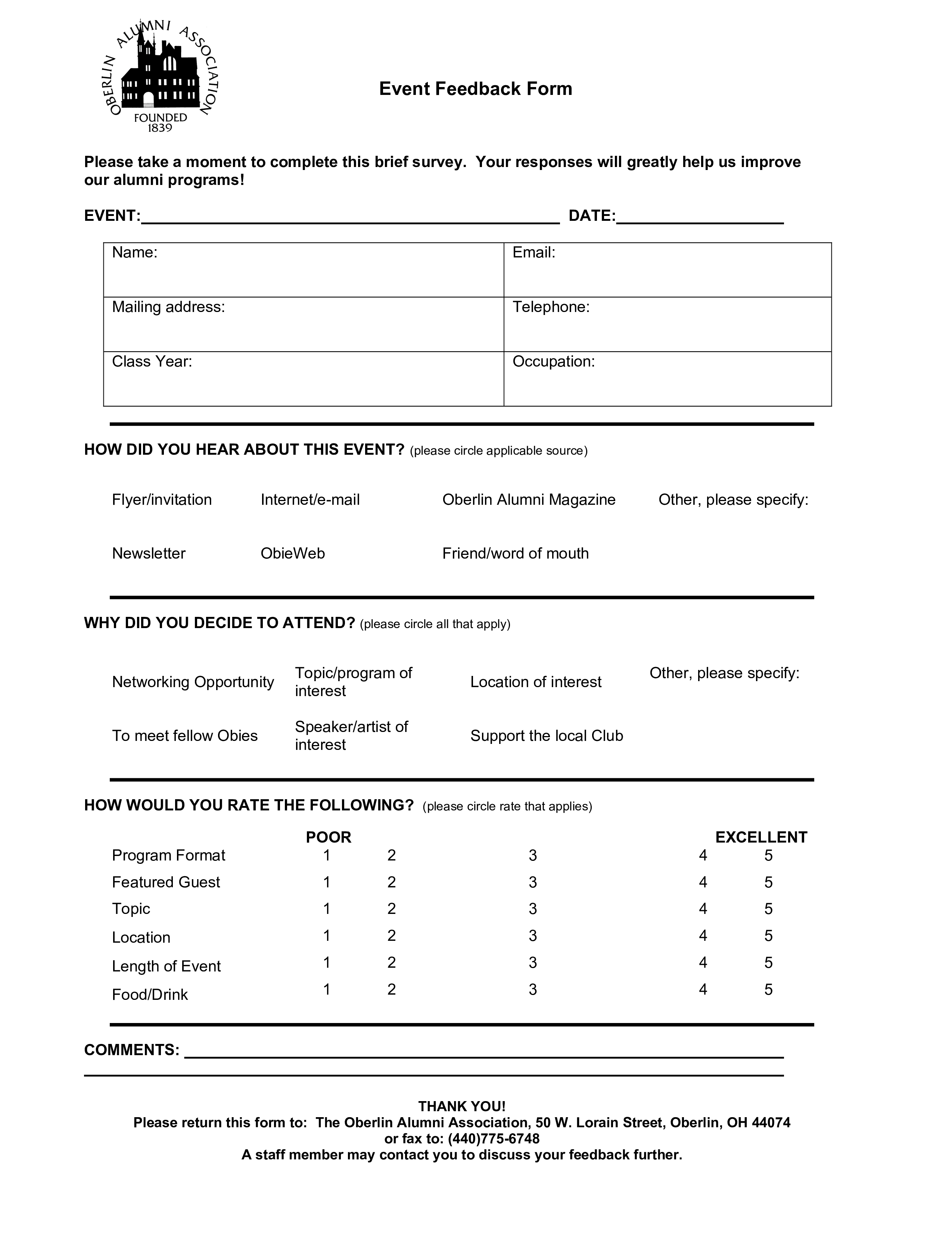 Oberlin Alumni Association event feedback form