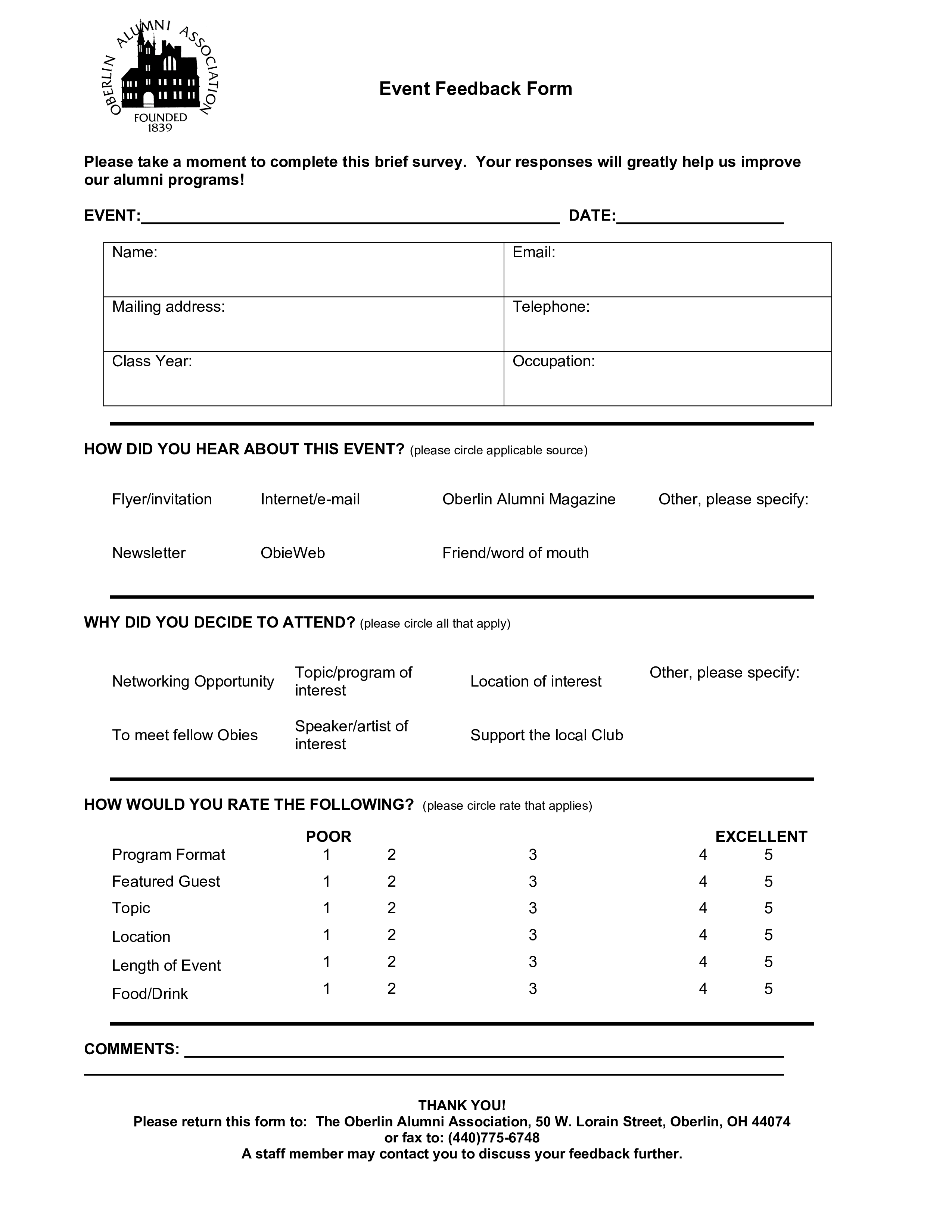 Formulaire de retour d'information sur les événements de l'Association des anciens d'Oberlin