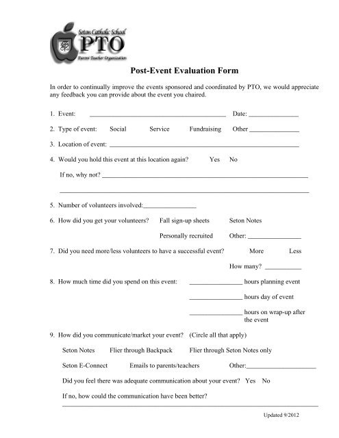 Seton Catholic School PTO post-event evaluation form