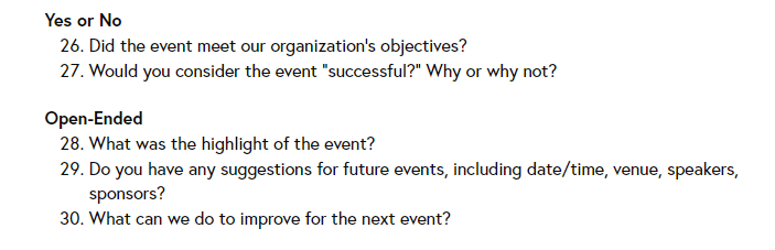 Domande per il sondaggio sul personale dell'evento post-nonprofit