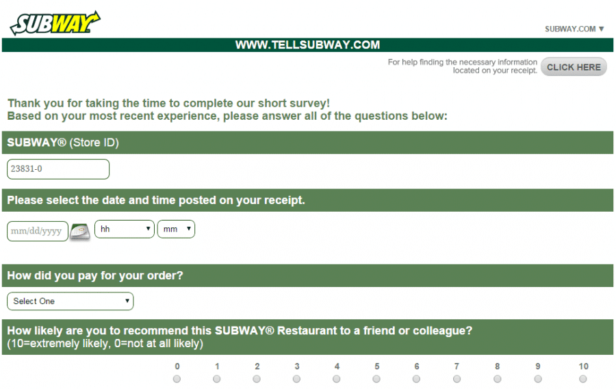 Modèle d'enquête de satisfaction des clients de Subway