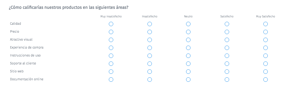 ¿Cómo calificarías nuestros productos en las siguientes áreas?