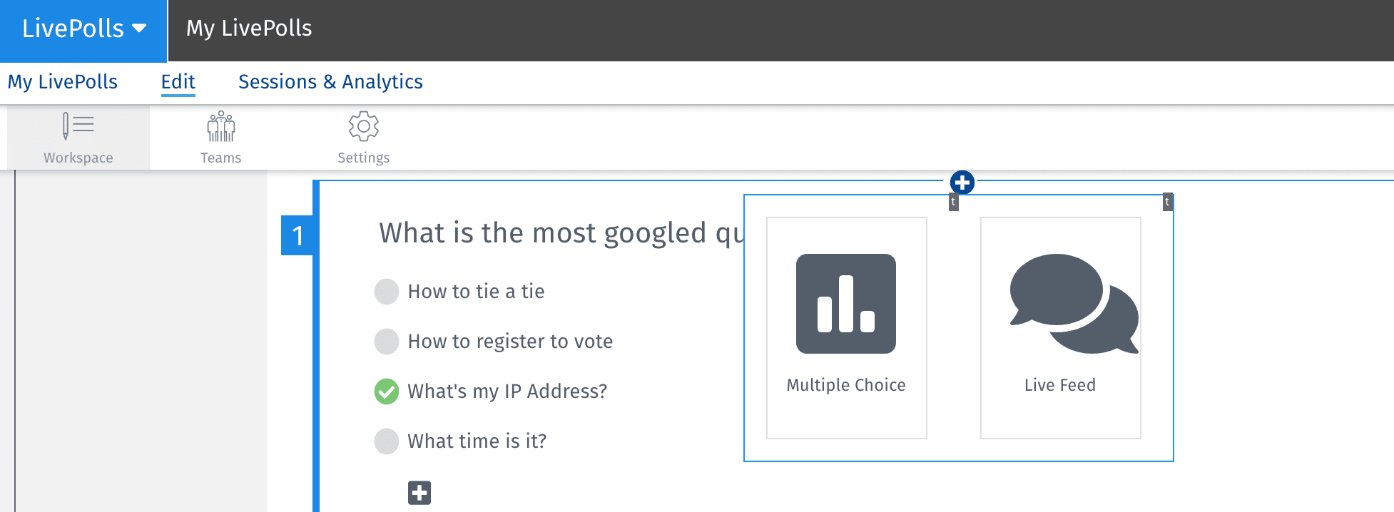 QuestionPro LivePollsは質問の種類を選択します。