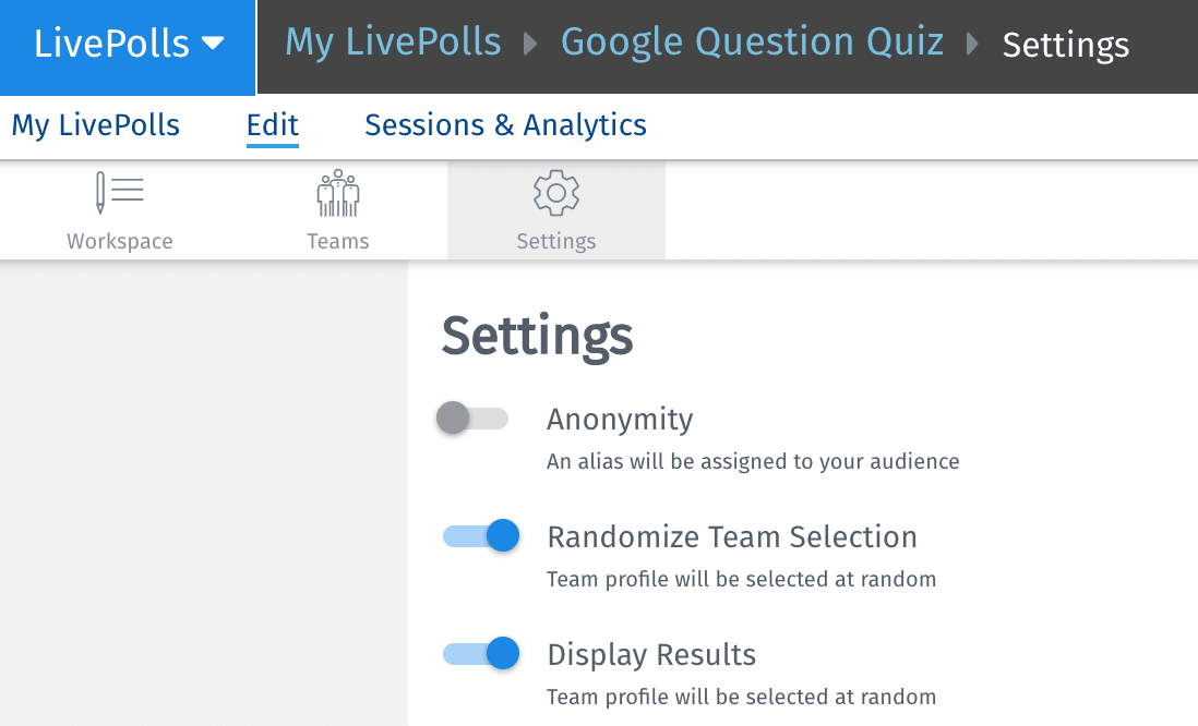 QuestionPro LivePoll update quiz settings