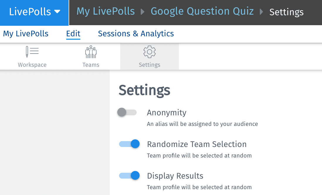 עדכון הגדרות החידון של QuestionPro LivePoll