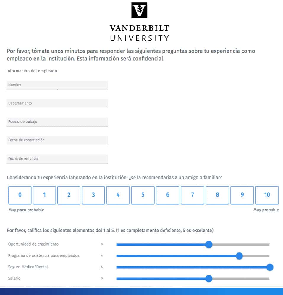 Ejemplo de encuesta de salida laboral: Universidad de Vanderbilt