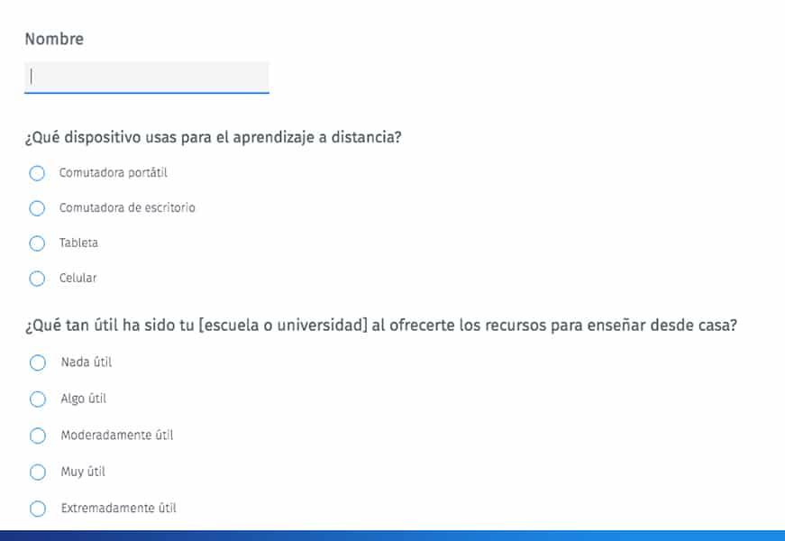 ejemplo de Cuestionario de educación a distancia para profesores