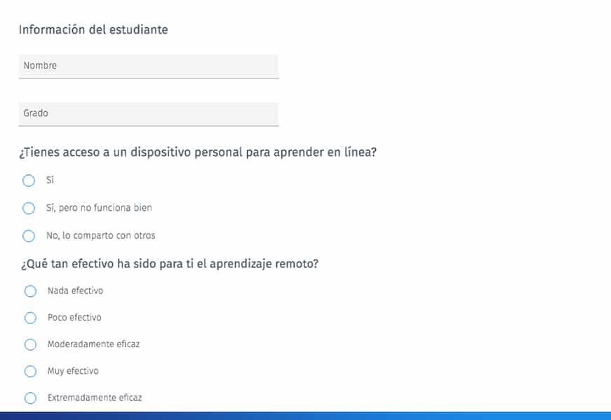 ejemplo de Cuestionario de educación a distancia para estudiantes