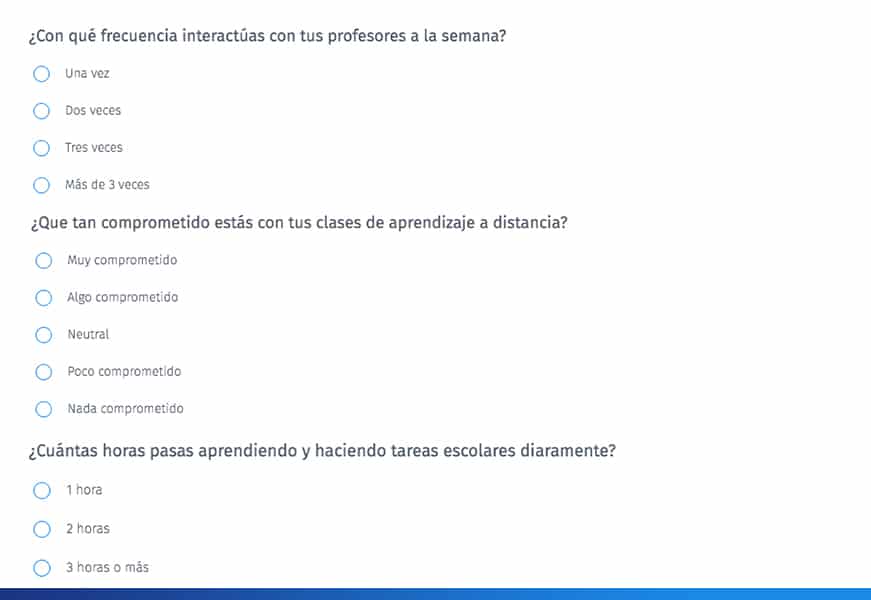 ejemplo de Cuestionario de educación a distancia para estudiantes de secundaria