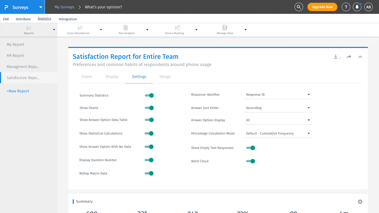 custom survey dashboard settings