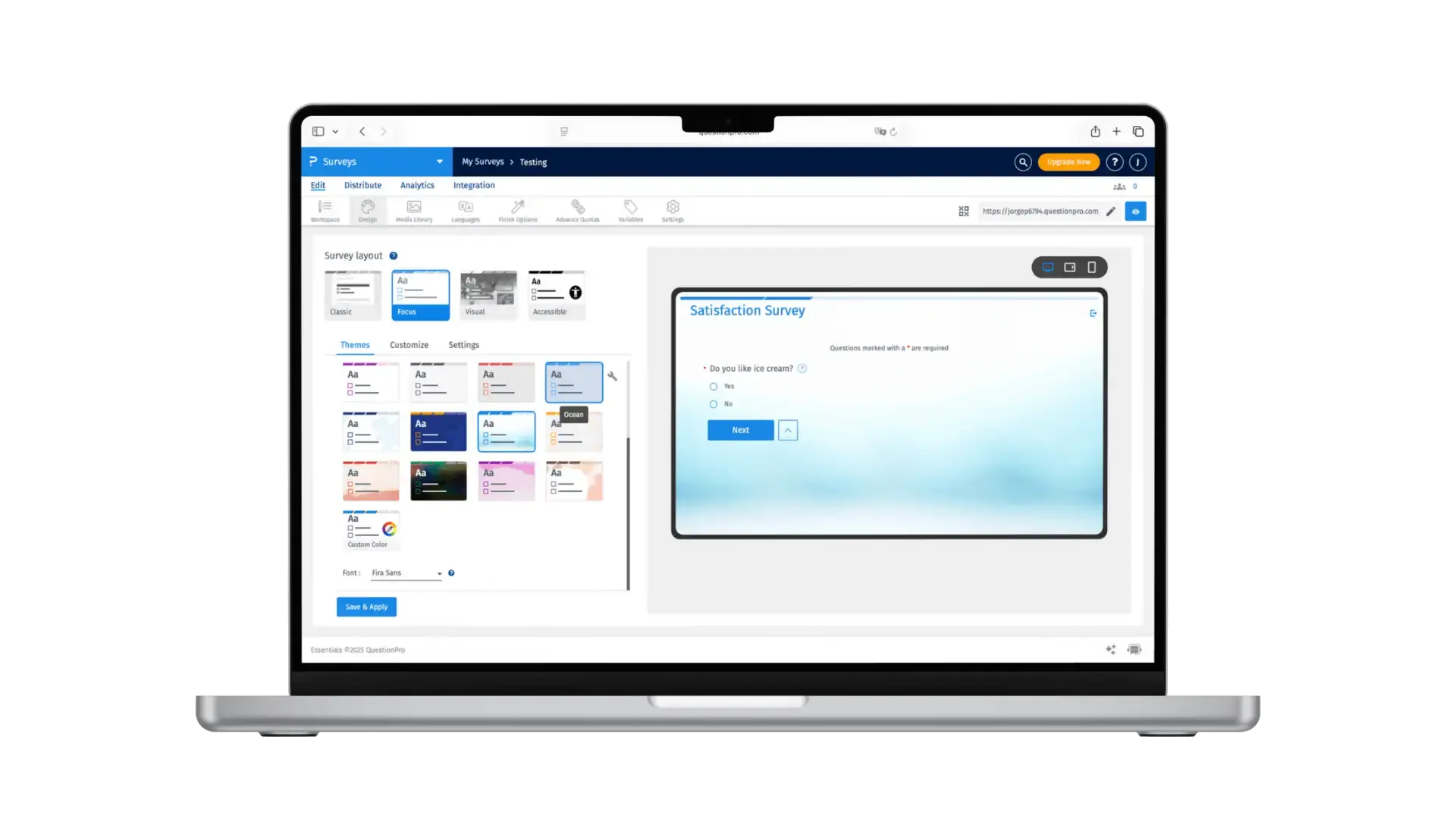 Customer feedback survey template shown on a laptop screen using QuestionPro platform