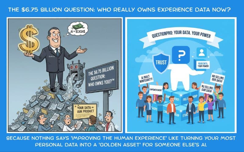 Qualtrics' data acquisition for profit and QuestionPro's ethical data ownership based on trust and transparency.
