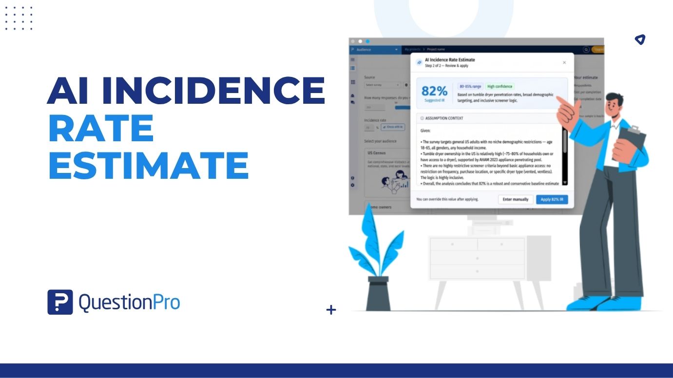 QuestionPro AI incidence rate estimate modal showing an 82 percent estimate with a confidence badge and assumption context
