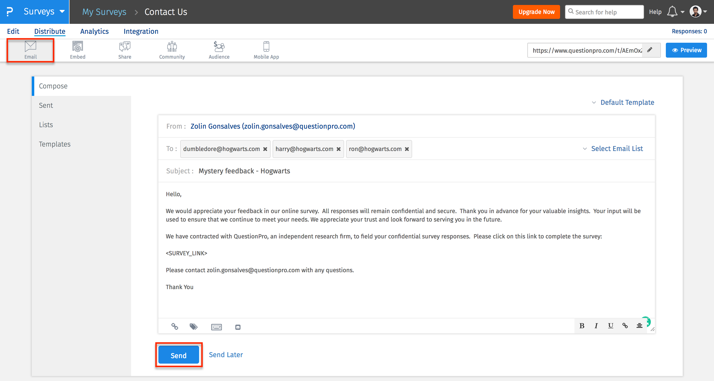 sending survey via email invitation questionpro help document