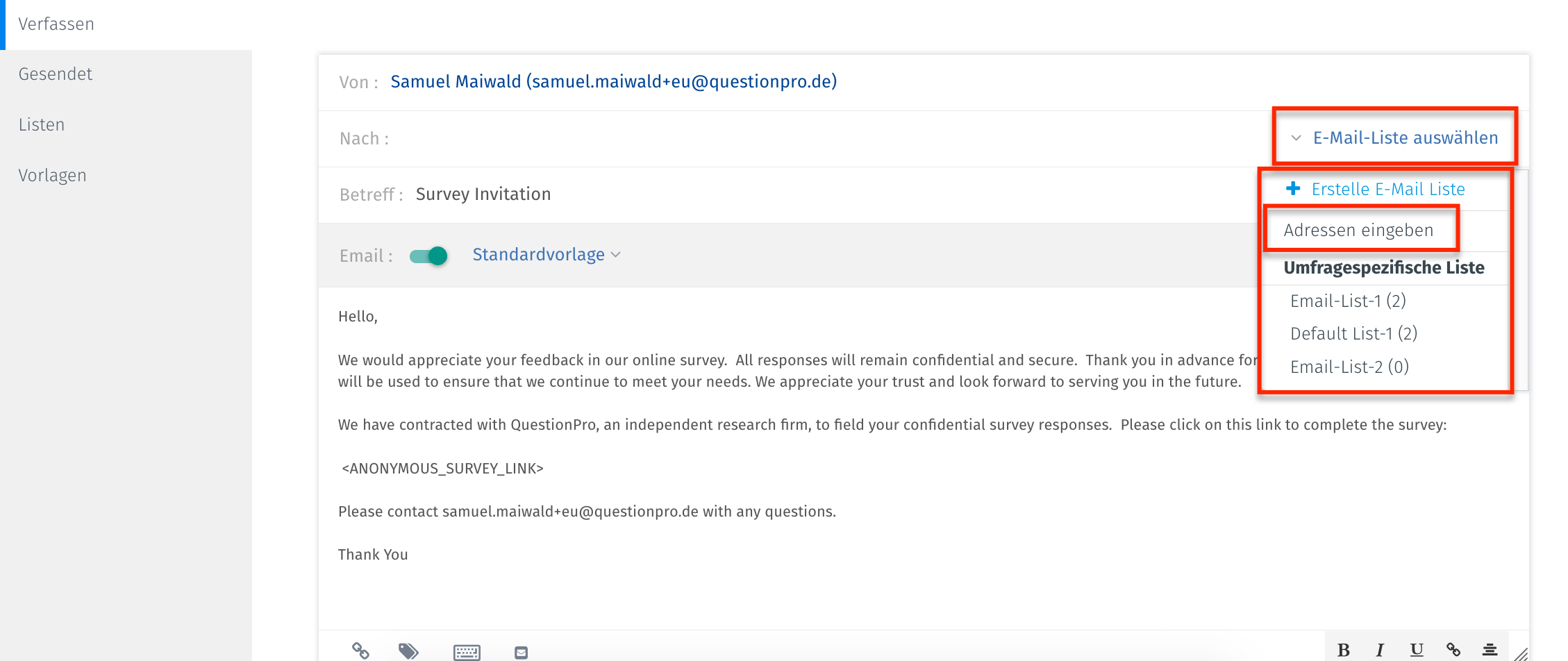 E Mail Einladungen Versenden Questionpro Wissensbasis