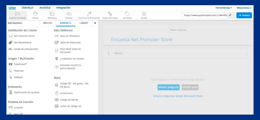 Pregunta Net Promoter Score en QuestionPro